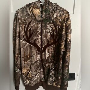 Camo Zip-Up Hoodie with Antler Chest Emblem